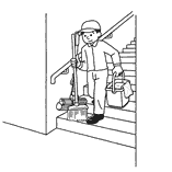 イラスト：あなたは、2階の清掃を終了し、2階から1階に戻ろうとしている。