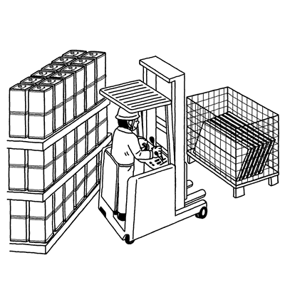 イラスト：あなたは、倉庫内でリーチ・フォークリフトで荷を運ぼうとしている